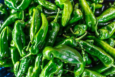 Full frame shot of green chili peppers for sale in market