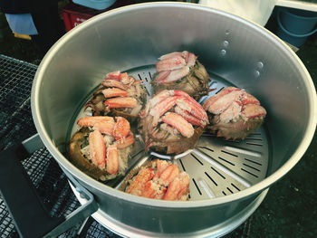 High angle view of meat in cooking pan