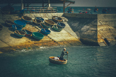 View of people in basket boat