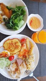 High angle view of breakfast served on table