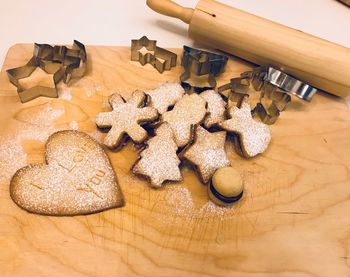 High angle view of cookies on table