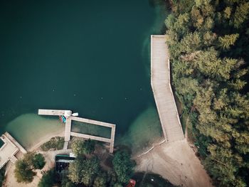High angle view of dam on lake