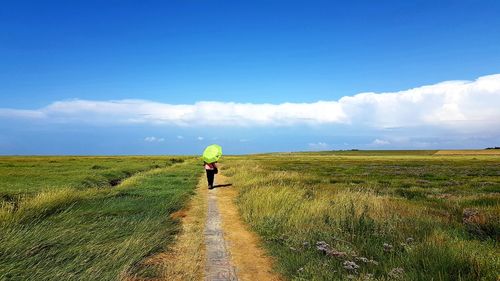 Rear view of man walking on field against sky