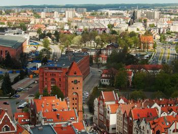 High angle view of buildings in city