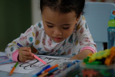 Close-up of cute girl drawing on table at home