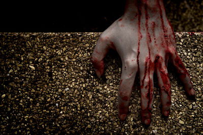 Cropped image of woman hand covered with blood on floor