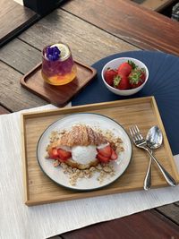 High angle view of breakfast served on table