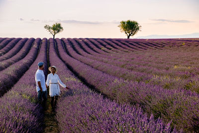 Woman standing on field by purple flowering plants against sky