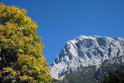 Low angle view of mountain against blue sky