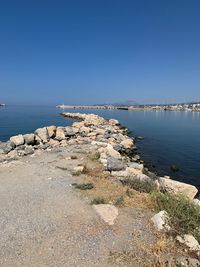 Scenic view of sea against clear blue sky