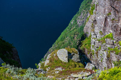 Rock formations by sea against mountain