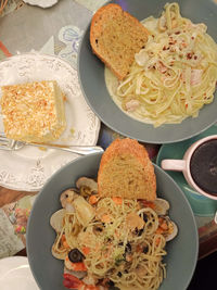 High angle view of food served on table