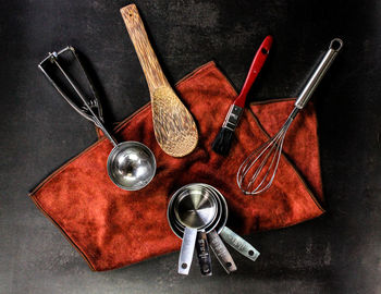 High angle view of objects on table