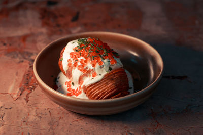 Close-up of dessert in bowl on table