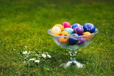 Close-up of golf ball on field