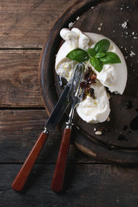 High angle view of ice cream in plate on table