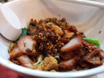 High angle view of singaporean minch meat noodles served in plate