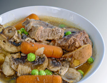 High angle view of beef stew served in bowl