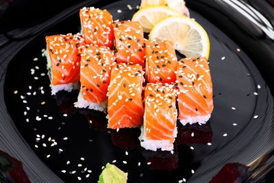 High angle view of sushi served on plate