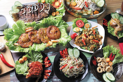 High angle view of vegetables on table