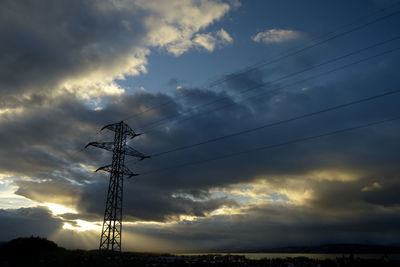 Low angle view of silhouette electricity pylon against sky during sunset