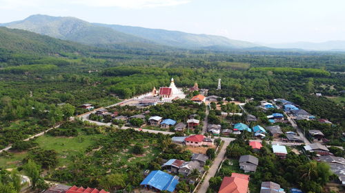 High angle view of buildings against sky