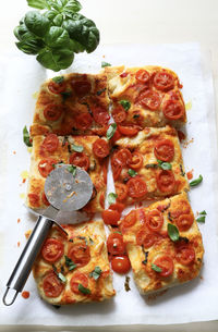 High angle view of pizza served in plate