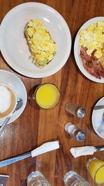 High angle view of breakfast served on table