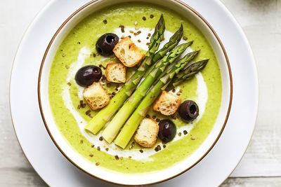 High angle view of food in plate on table