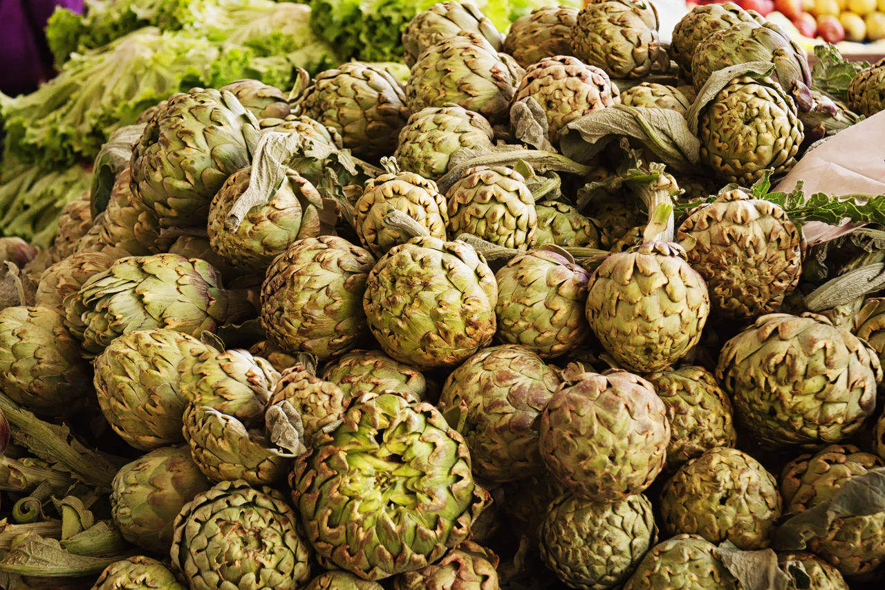 Artichokes, buying, closeup, eating, farm, farmer, farmer's, farmers, food, foods, fresh, green, healthy, lifestyle, local, market, organic, produce, purple, raw, seasonal, vegetable