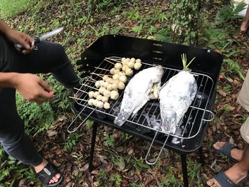 Low section of men making fish on barbecue grill at yard