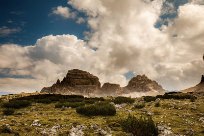 Panoramic view of rocks on land against sky