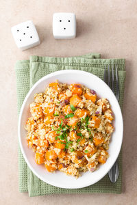 High angle view of food in bowl on table