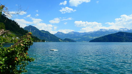 Scenic view of lake and mountains against sky