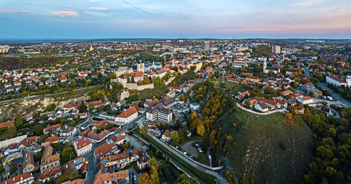 High angle shot of townscape against sky