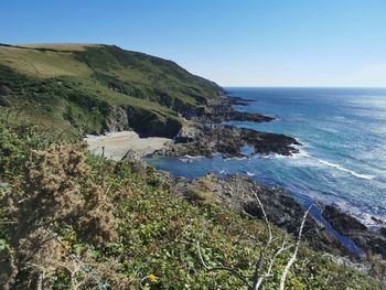 Scenic view of sea against clear blue sky