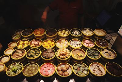 High angle view of various food for sale at market stall