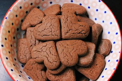 High angle view of cookies in plate