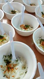 High angle view of food served on table