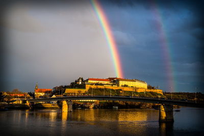 Scenic view of rainbow over river against cloudy sky