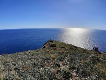 Scenic view of sea against clear blue sky