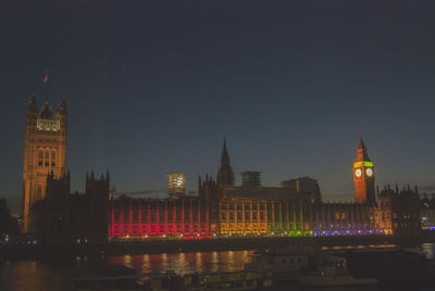 Illuminated building in city against clear sky at night