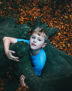 Portrait of boy in autumn leaves