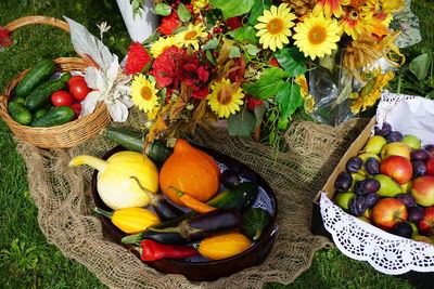 High angle view of vegetables in basket on table