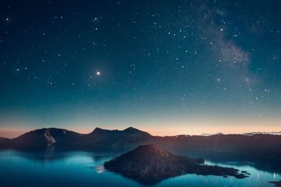 Scenic view of mountains against sky at night