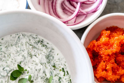 High angle view of ice cream in bowl on table