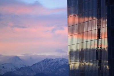 Snow covered mountains against sky during sunset