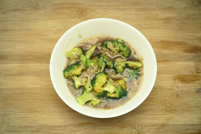 High angle view of salad in bowl on table