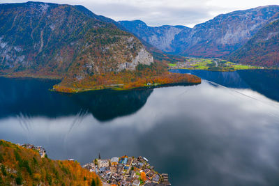 Scenic view of lake and mountains against sky