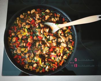 High angle view of chopped vegetables in bowl